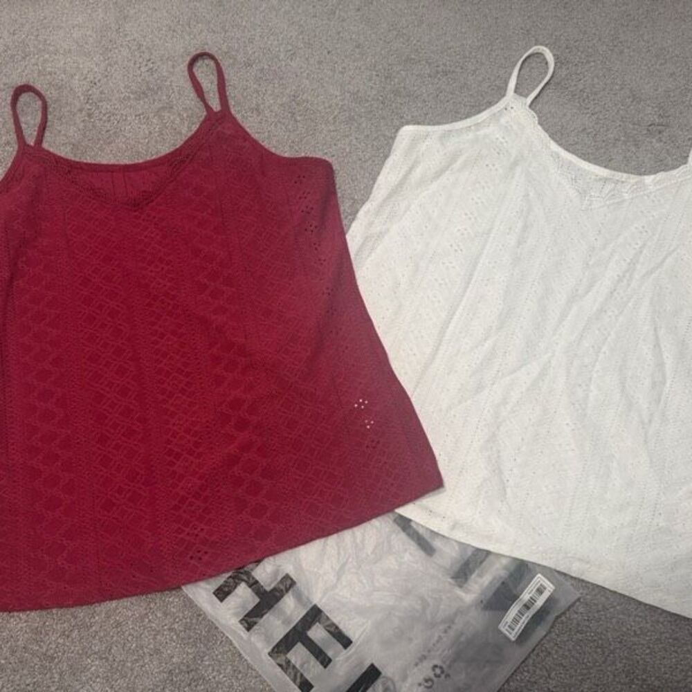 Lot of 2 Shein Womens Eyelet Lace Trim Camisole Top Fuschia White Large NWT